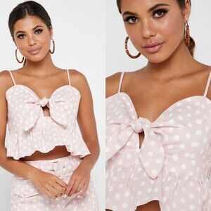 English Factory Woman Size L Pink Polka Dot Bandeau Babydoll Crop Peplum NEW Top